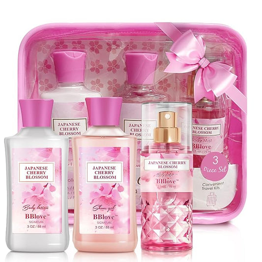 Bath and Body Gift Set for Women & Girls, Japanese Cherry Blossom, 3PCS Set for - Shower Gel, Body Lotion, Body Mist, Body Care Travel Set