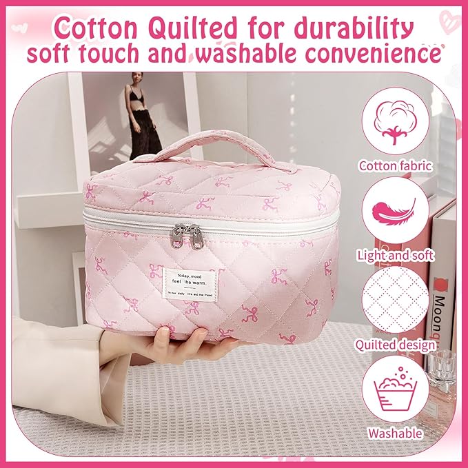 3 Piece Cute Bow Pink Quilted Makeup Bag Set, Large Capacity Travel Makeup Bags for Women and Girls, Includes Small, Medium, and Extra Large aesthetic makeup&Cosmetic Bags (3PCS-Pink SlimBow)