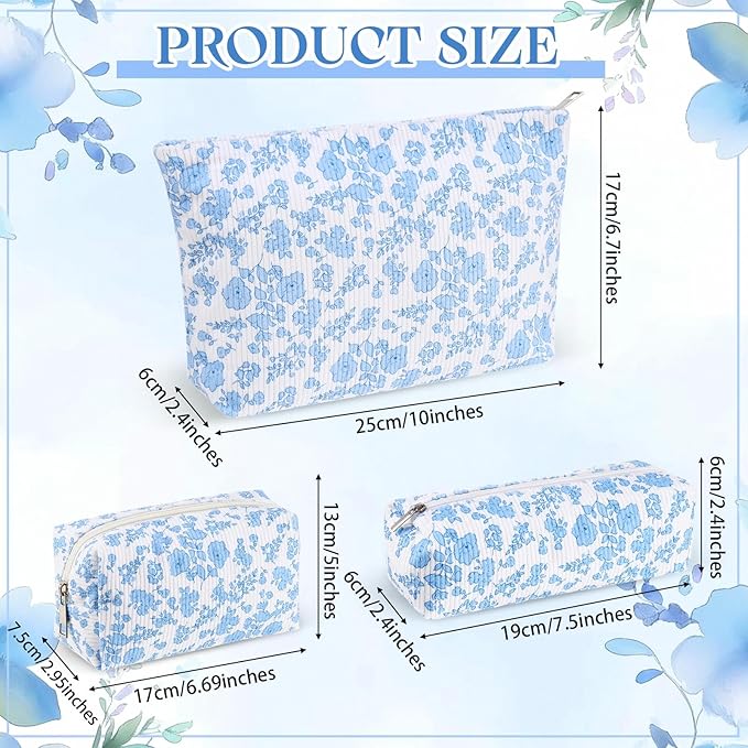 3 Pcs Makeup Bag Set for Women Corduroy Cosmetic Pouch Aesthetic Smile Travel Toiletry Bag Cute Purse Pouch Pencil Case Makeup Brushes Storage Organizer for Christmas(Blue, Flower)