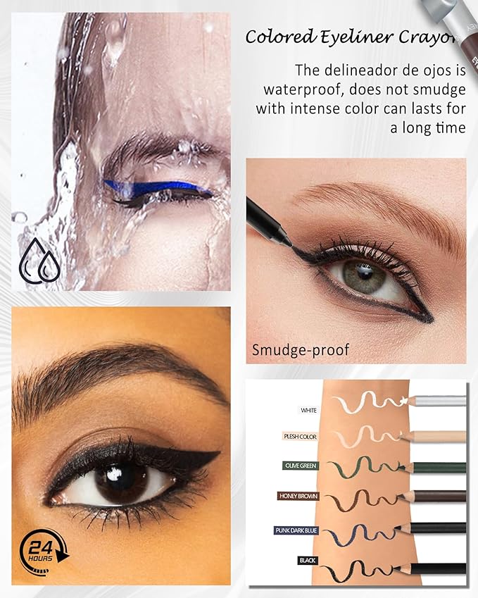6 Colors Eyeliner Gel Pencil Set, Waterproof Smudge proof Long Lasting Rich Color, Nude Black Brown White Blue Green Eye Liner Pencil Waterline, Multi-Use Cream Eyeliner Brightener Pen with Sharpener