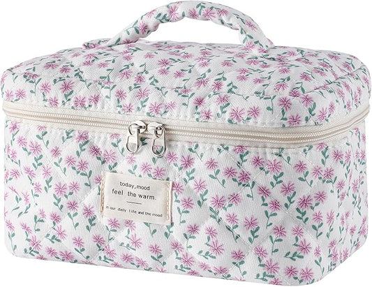 uekeboag Large Travel Quilted Makeup Bag for Women, Floral Cotton Cosmetic Bag, Coquette Aesthetic Floral Toiletry Organizer Bag