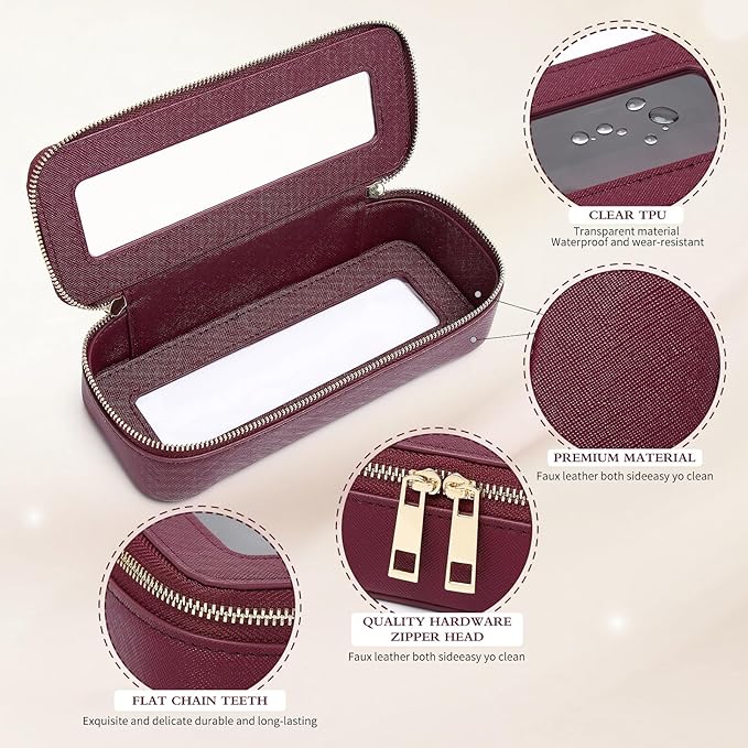 Makeup Brush Case Clear Travel Cosmetic & Toiletry Bag Small Makeup Bag with Zipper Purse Organizer Car Essential Bag for Women (X/Burgundy, SLIM)