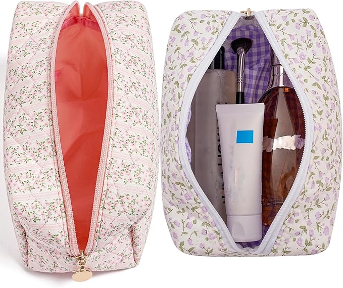 Makeup Bag Travel Cosmetic Bag for Women Girls, Zipper Make Up Pouch, Floral Flowers Toiletry Organizer Makeup, Portable Storage Cosmetic Travel Cloth Bag (Pink+Purple Floral)