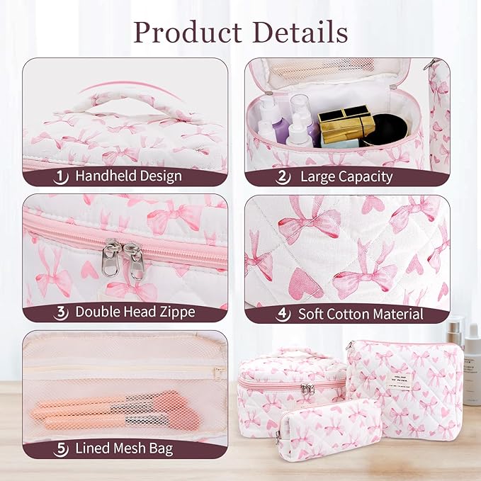 3Pcs Cotton Quilted Makeup Bag Set,Large Floral Cosmetic Bag，Aesthetic Toiletry Travel Makeup Bag Set and Cute Flower Bag for Women Girls (Love Bow)