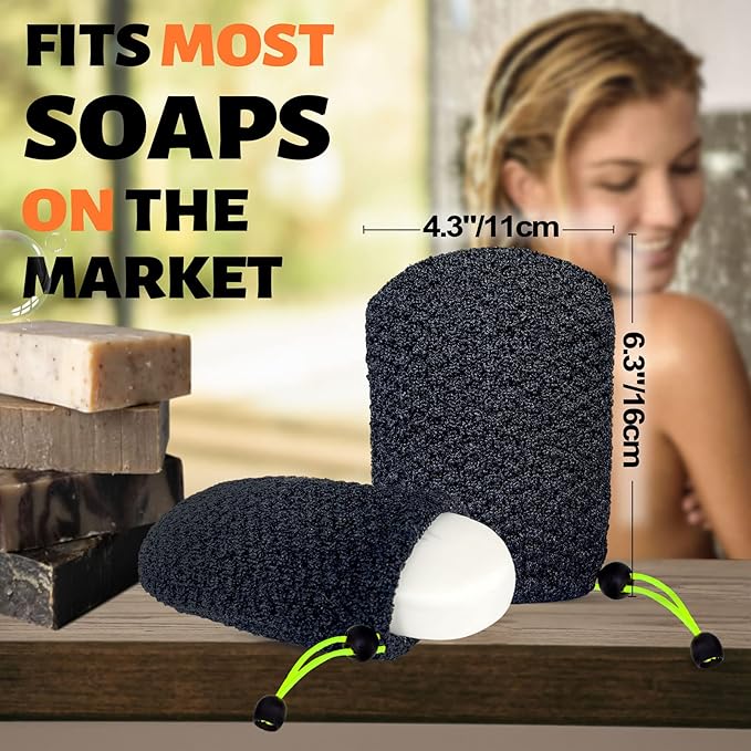 MIG4U Exfoliating Soap Bag for Shower 2 Pieces - Bar Soap Saver Pouch, Bamboo Body Scrubber Exfoliator Pocket in Travel Bathing, Black