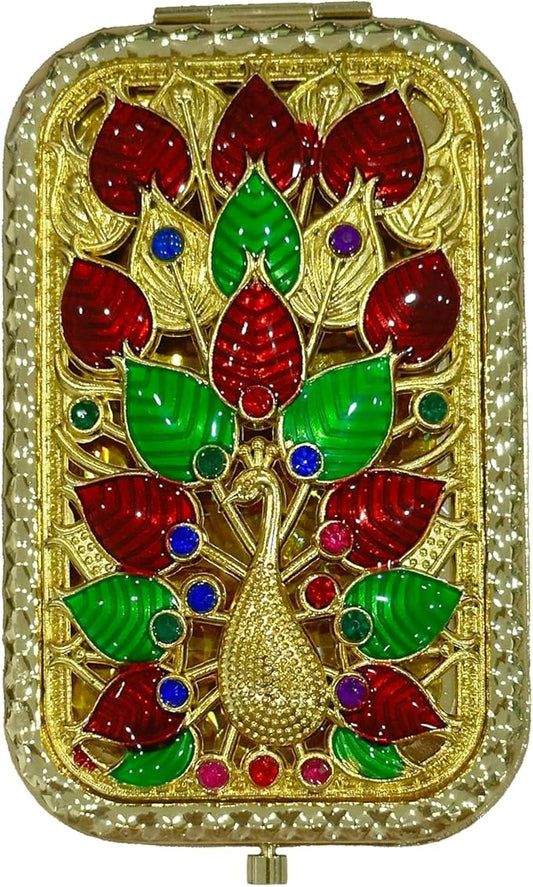 1PC Vintage Peacock Spread Its Tail Pattern Cosmetic Makeup Pocket Purse Magnification Jewel Mirror （Rectangle）