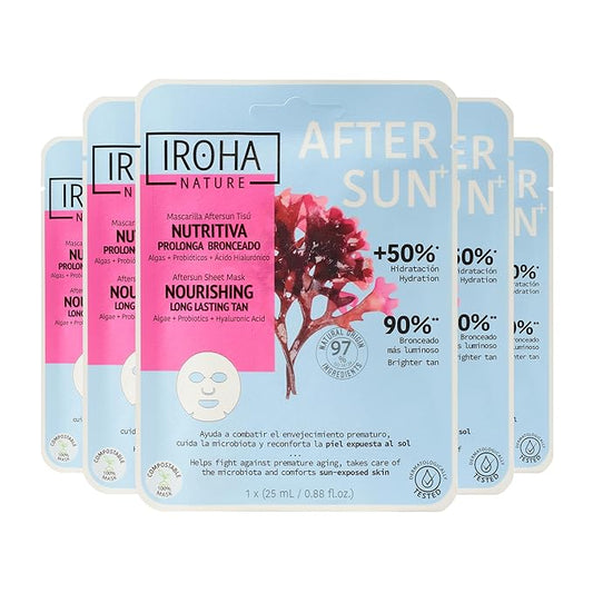 IROHA NATURE Face Masks - Packs for Better Skin (Pack of 5, Aftersun Facial Mask with Algae, Probiotics & Hyaluronic Acid)