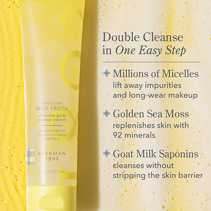 Beekman 1802 Micellar Milk Froth Cleansing Gel - Gently Cleanses & Removes Makeup - Double-Cleanse in 1 - Goat Milk & Golden Sea Moss - Fragrance Free - 5.0 fl. oz - Cruelty Free - Sensitive Skin Safe