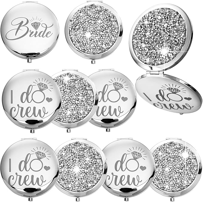 Barydat 10 Pieces Bridesmaid Gifts Set Magnifying Compact Mirror Bride I Do Crew Bridesmaid Proposal Gifts Travel Small Mirror for Purse Makeup Pocket Mirror for Women Wedding Party (Silver)