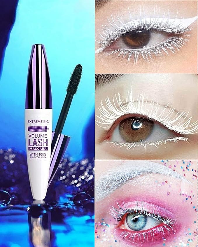5D White Mascara Volume and Length, Longlasing Waterproof Colored Fiber Mascara for Eyelashes,Volumizing Curling Eye Lashes rimel de pestañas,Halloween Eye Makeup Gift for Women Girl Cosplay Stage Use