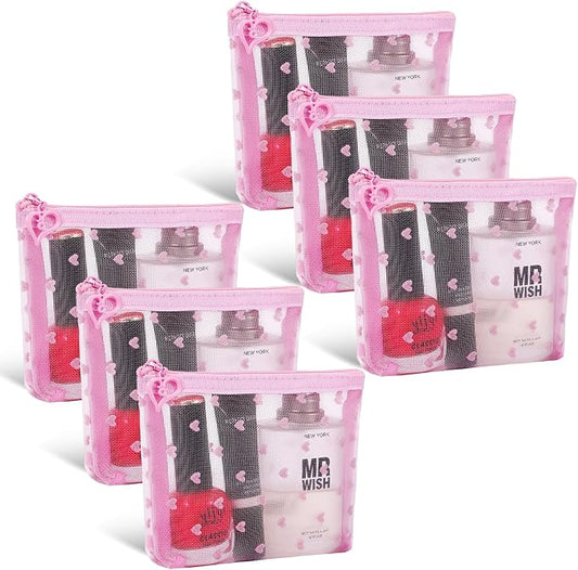 6 Pack Mini Zipper Mesh Makeup Bags, Heart Print Nylon Cosmetic Bags Toiletry Bags for Office Travel Organization (Widened-Pink, XS)