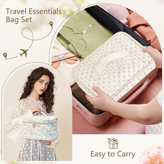 3 PCS Travel Makeup Bag Set, Large Cotton Make up Bag Quilted for Women, Floral Cosmetic Bag Toiletry Bag for Girls Cute Flower Toiletry Bag Travel Accessories Brushes Kawaii Stuff - Blue Flower