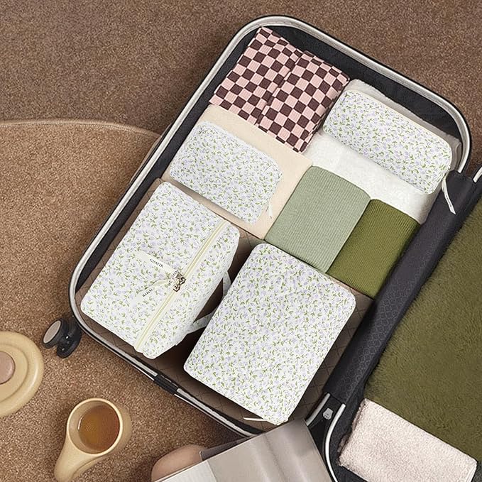 4Pcs Quilted Makeup Bag Set Cute Floral Cosmetic Bag Cotton Coquette Make up Bag Aesthetic Travel Toiletry Bag for Women Girls
