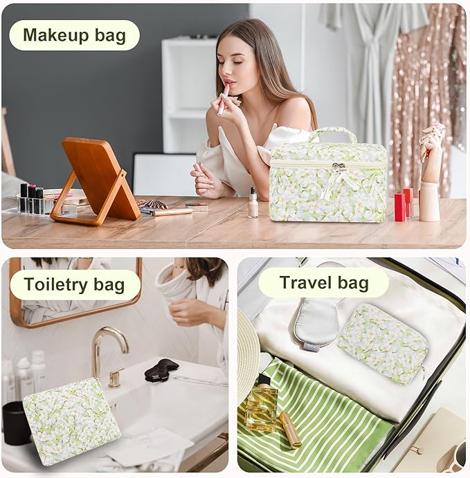4Pcs Quilted Makeup Bag Set Cute Floral Cosmetic Bag Cotton Coquette Make up Bag Aesthetic Travel Toiletry Bag for Women Girls