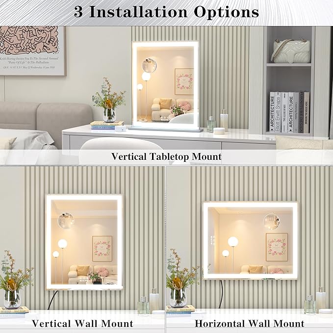 ANYHI Vanity Mirror with LED Light, 24"x20.5" Lighted Vanity Mirror with 10X Magnifying, 3 Color Modes, Dimmable, Smart Touch Control, Aluminum Frame, Tabletop/Wall Mount, Silver