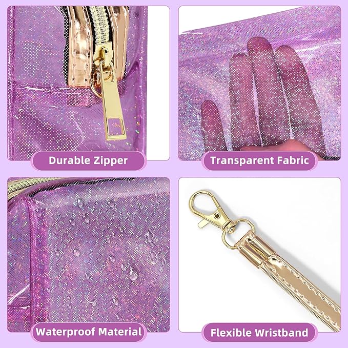 Clear Colorful Makeup Bag, Thick PVC Small Clear Toiletry Bag for Travel, Waterproof Cosmetic Bag with Durable Zipper & Detachable Strap, Cute Transparent Pouch Organizer for Women, 7.1×4×3 In Purple