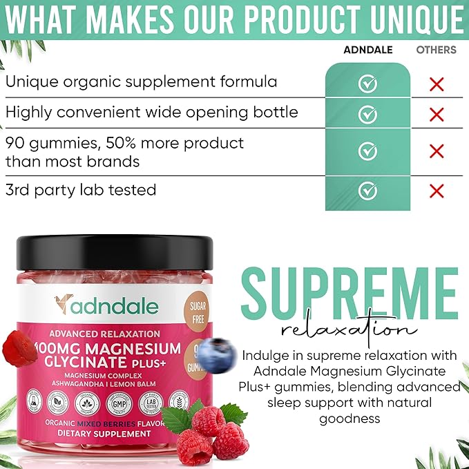 Adndale 90 CT Magnesium Glycinate Gummies 400 mg/Serv with Ashwagandha, Magnesium Malate & Taurate, Sugar Free Chews for Adults & Kids Relaxation, Stress Relief, Night Rest, Muscle & Cardio Support