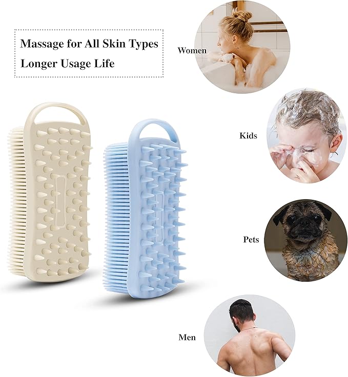 2 PC Silicone Exfoliating Body Scrubber, 2 in 1 Silicone Body Shampoo Brush, Soft Silicone Loofah for Sensitive Skin, Shower Silicone Hair Scalp Massager, Easy to Clean, Lather Well (Grey&Blue)