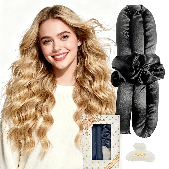 Serenade Satin Heatless Curls Overnight for Long Hair, Heatless Hair curler for Women and Girls, No Heat Curling Rods with Satin Scrunchies and Clip, Black