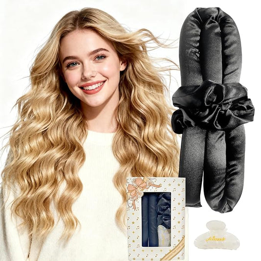Serenade Satin Heatless Curls Overnight for Long Hair, Heatless Hair curler for Women and Girls, No Heat Curling Rods with Satin Scrunchies and Clip, Black