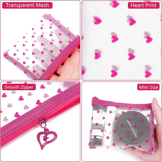 6 Pack Mini Zipper Mesh Makeup Bags, Heart Print Nylon Cosmetic Bags Toiletry Bags for Office Travel Organization (Hot Pink, XS)