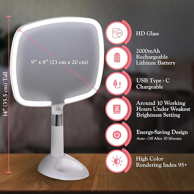 MIRRORVANA® Lighted Travel Hand Mirror with Comfy Handle and Detachable Stand - Portable, Thin and Lightweight Design - Rechargeable with 3 LED Light Settings - 9" x 13" (White)