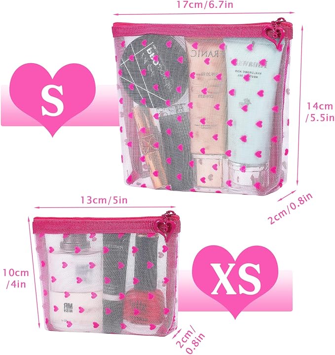 6 Pack Mini Zipper Mesh Makeup Bags, Heart Print Nylon Cosmetic Bags Toiletry Bags for Office Travel Organization (Widened-Hot Pink, XS)