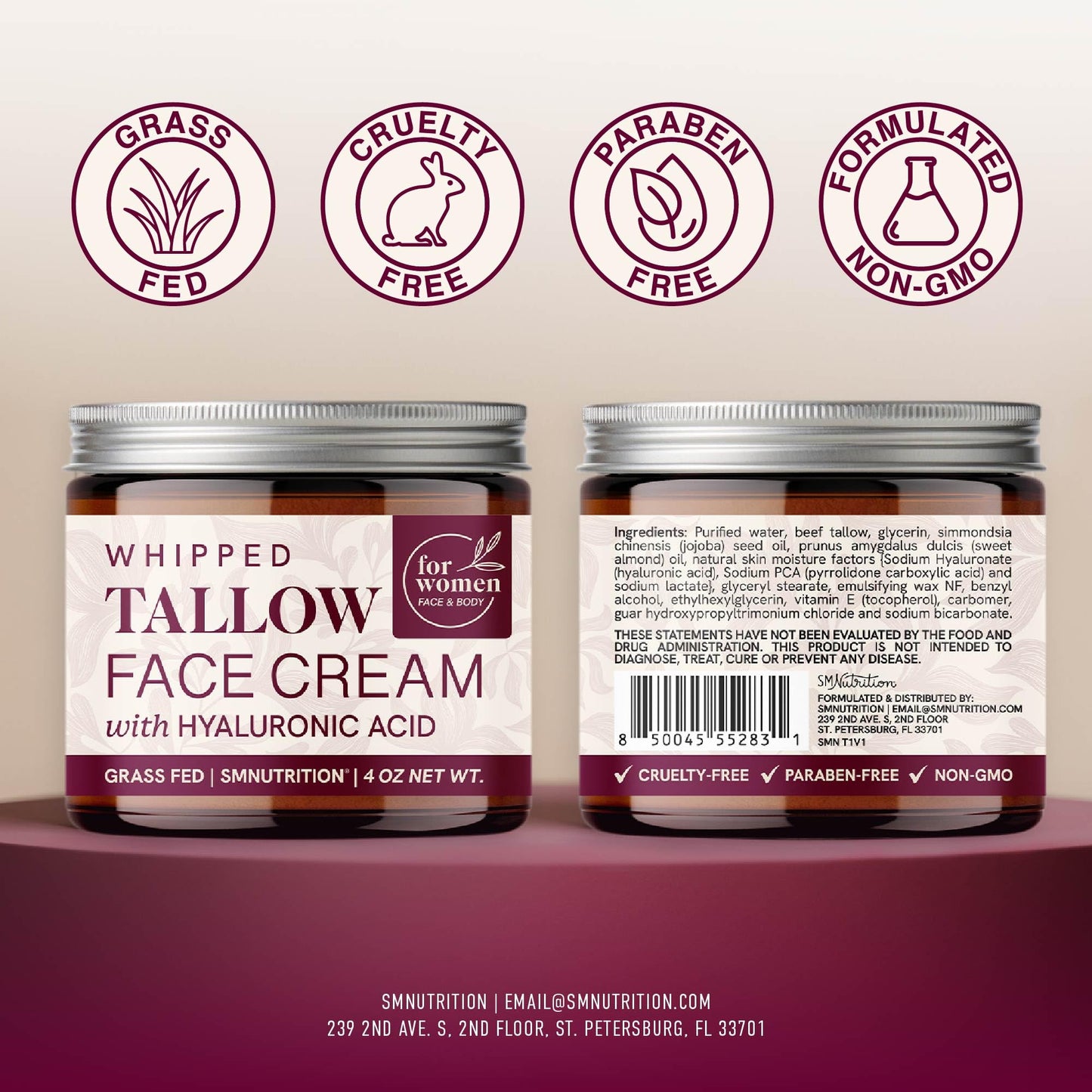 Beef Tallow Face Moisturizer for Women | With Hyaluronic Acid | Hydrating Whipped Beef Tallow for Skin Care for Women | With Jojoba & Sweet Almond Oil | Paraben & Cruelty-Free, Non-GMO | 4 oz