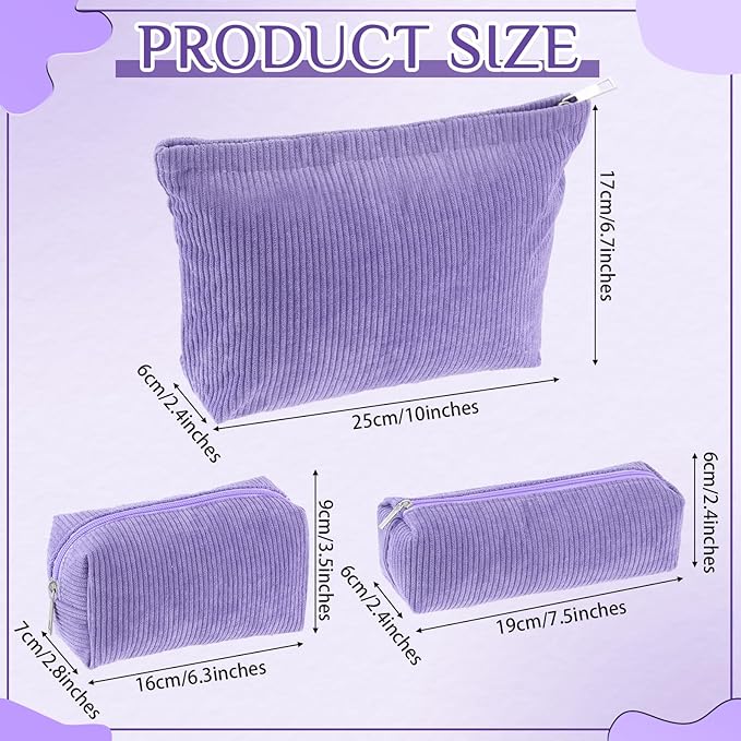 3 Pcs Makeup Bag Set for Women Corduroy Cosmetic Pouch Aesthetic Smile Travel Toiletry Bag Cute Purse Pouch Pencil Case Makeup Brushes Storage Organizer for Christmas(Purple,Solid Style)