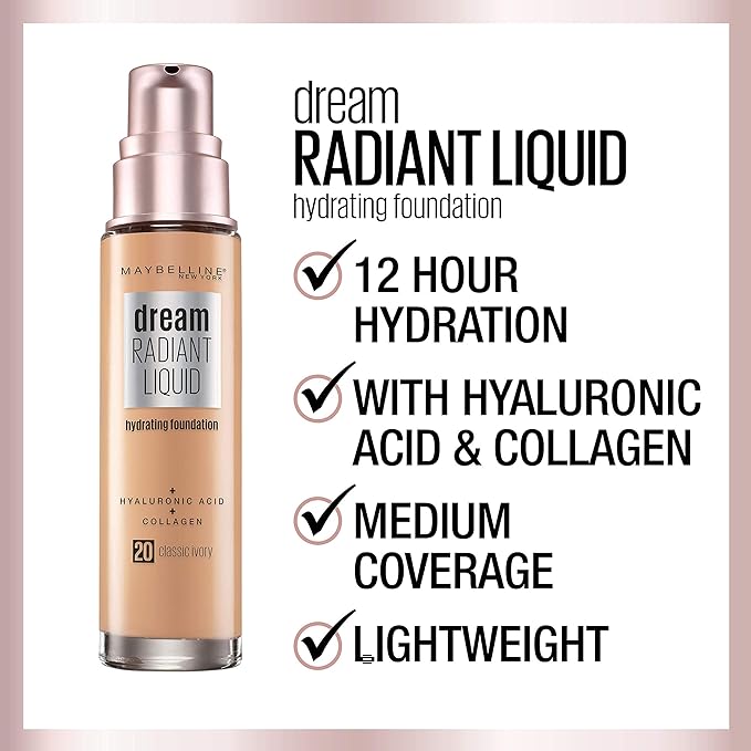 Maybelline New York Dream Radiant Liquid Medium Coverage Hydrating Makeup, Lightweight Foundation, Alabaster, 1 Fl Oz