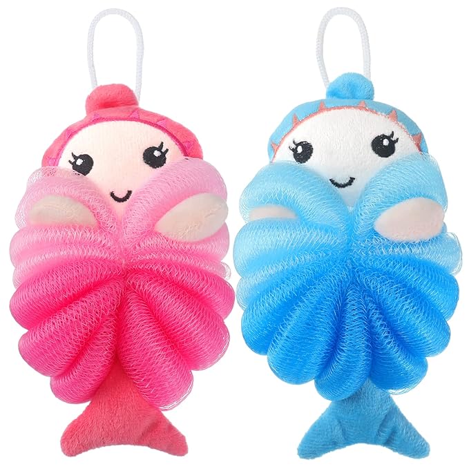 Nuenen 2 Pcs Bath Loofahs Kids Toddler Cute Cartoon Bath Sponges Loofah Pouf Body Scrubber Mesh Sponges for Children Shower Washing Exfoliating(Mermaid)