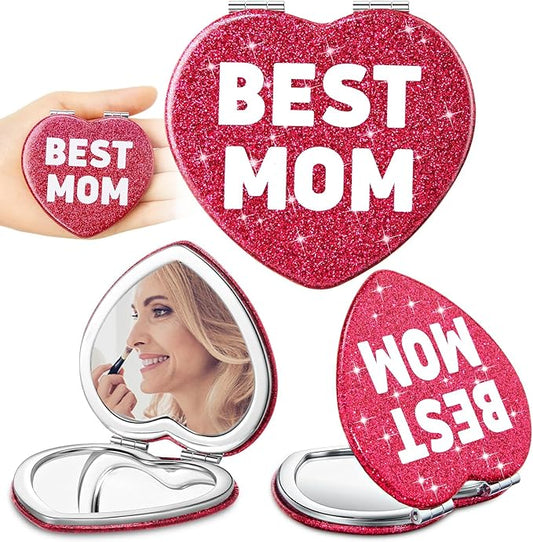 Geelin 3 Pcs Gifts for Mom from Daughter Son Best Mom Gifts Heart Compact Mirror Travel Magnifying Vanity Portable Mini Makeup Pocket Mirror Double Sided with Glitter for Women Birthday Mother's Day