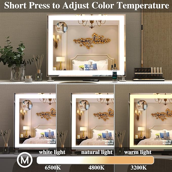 BEAUTME Vanity Mirror with Lights,Hollywood Lighted Makeup Cosmetic Mirrors with Smart Button,Tabletop Makeup Mirrors,with10X Round Mirror,48.5x40.5cm,Silver