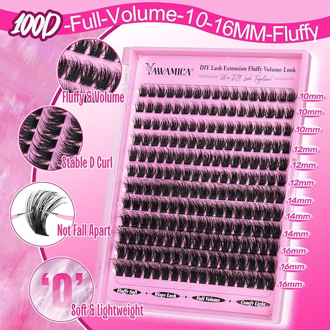 Yawamica Cluster Eyelash Extensions Fluffier 10-16mm Wispy Lash Clusters 100D Thick Volume Individual Lashes D Curly Eyelash Clusters 240pcs DIY Lash Extension at Home for Beginners