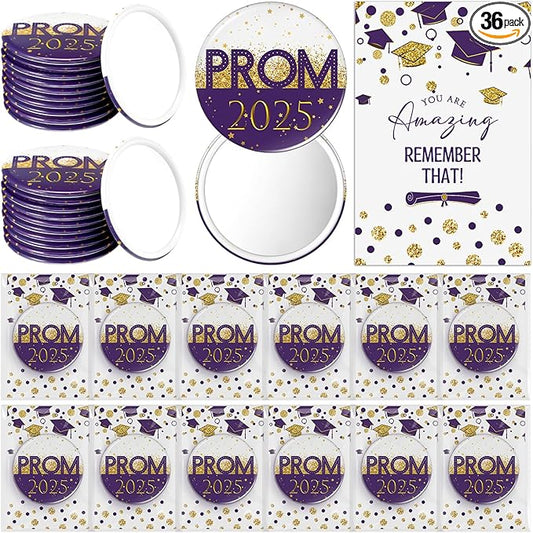 36 Sets Prom 2025 Graduation Party Favor Prom Compact Mirror for Her Him Inspirational 2025 Graduation Cards for Senior Night College Party Gifts(Violet Gold)