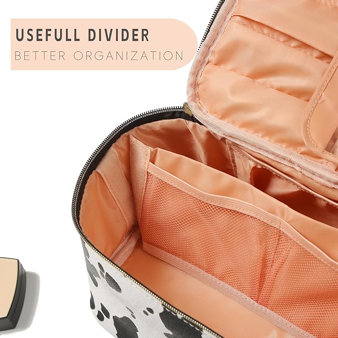 Meiyuuo Birthday Gifts Personalized Makeup Bag Cute Cosmetic Bags Large Travel Pro Pouch Toiletry Bag with Divider and Handle Teens Tweens Gifts Trendy Stuff Cow Print K