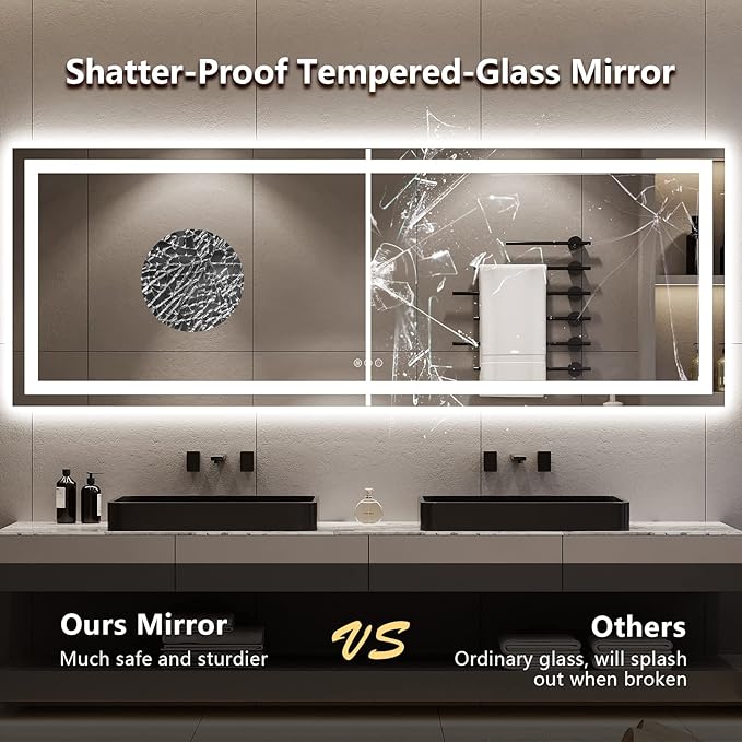 96x36 Inch LED Bathroom Mirror with Lights Front and Backlit Lighted Vanity Mirror for Bathroom Wall with 3 Colors Dimmable Anti-Fog Memory Shatter-Proof IP54 Waterproof Horizontal/Vertical