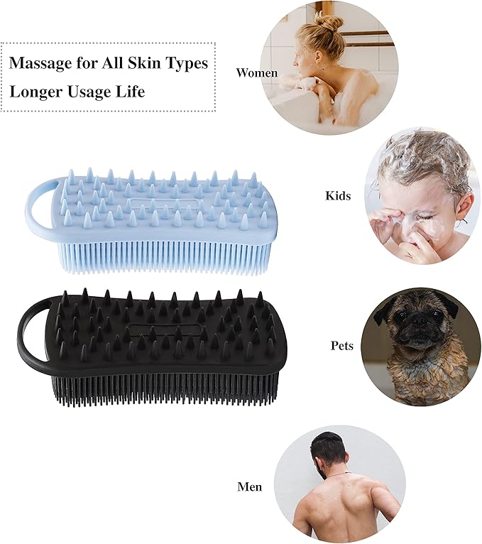 2 PC Silicone Exfoliating Body Scrubber, 2 in 1 Silicone Body Shampoo Brush, Soft Silicone Loofah for Sensitive Skin, Shower Silicone Hair Scalp Massager, Easy to Clean, Lather Well (Blue&Black)