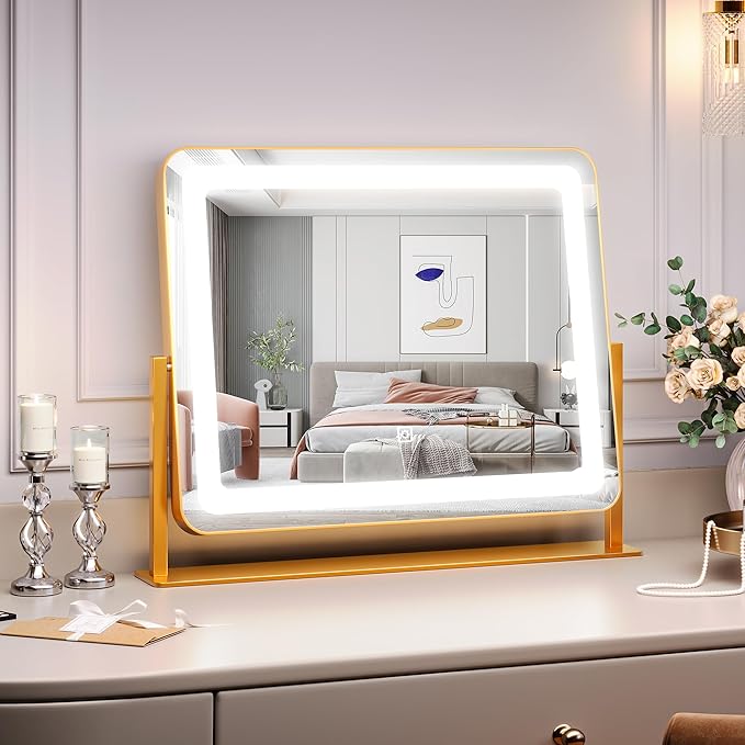 19.6"x15.7" Vanity Mirror with Lights, Large Lighted Mirror, LED Makeup Mirror with 3-Color Dimmable Modes and Smart Touch Control, Perfect for Desk or Bedroom, Vanity Desk Tabletop Makeup, Gold
