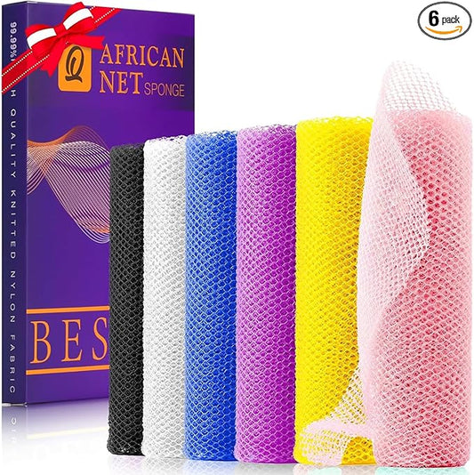6 Pieces African Bath Sponge African Net Long Net Bath Sponge Exfoliating Shower Body Scrubber Back Scrubber Skin Smoother,Great for Daily Use (Pink, Yellow, Purple, Blue, Black, Off-White)