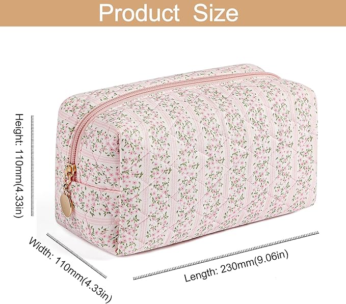 Makeup Bag Travel Cosmetic Bag for Women Girls, Zipper Make Up Pouch, Floral Flowers Toiletry Organizer Makeup, Portable Storage Cosmetic Travel Cloth Bag (Pink+Flower-Pink)