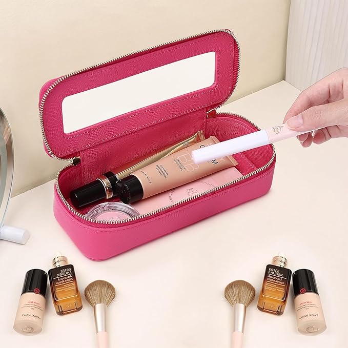 Makeup Brush Case Clear Travel Cosmetic & Toiletry Bag Small Makeup Bag with Zipper Purse Organizer Car Essential Bag for Women (X/Fuxia, SLIM)
