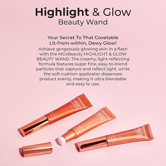 MCoBeauty Highlight & Glow Beauty Wand, Peach Glow, Luminous Highlight for Radiance Skin, Vegan, Cruelty Free Cosmetics