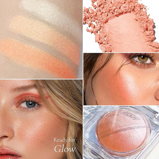 KYDA Baked Blush, Coral Glow Powder for Blush and Highlighter, High Glossy Finish, Lightweight Blendable Shimmer Blusher, Multiuse Baked Powder, 0.53 oz