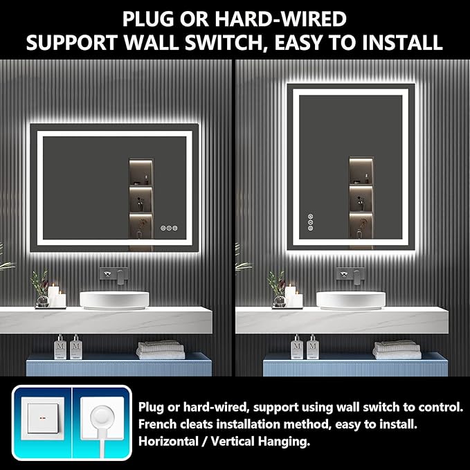 48x36 Inch LED Bathroom Mirror with Lights Front and Backlit Lighted Vanity Mirror for Bathroom Wall with 3 Colors Dimmable Anti-Fog Memory Shatter-Proof IP54 Waterproof Horizontal/Vertical