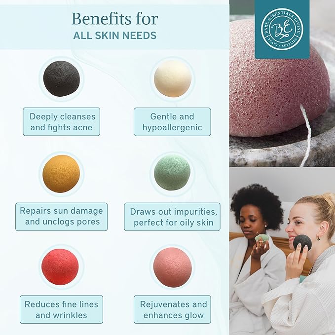 Bare Essentials Living - Konjac Sponges Set (12 Pack) with Activated Bamboo Charcoal Facial Sponge, Natural, Great for Facials, Bath, and Exfoliating Body Sponge