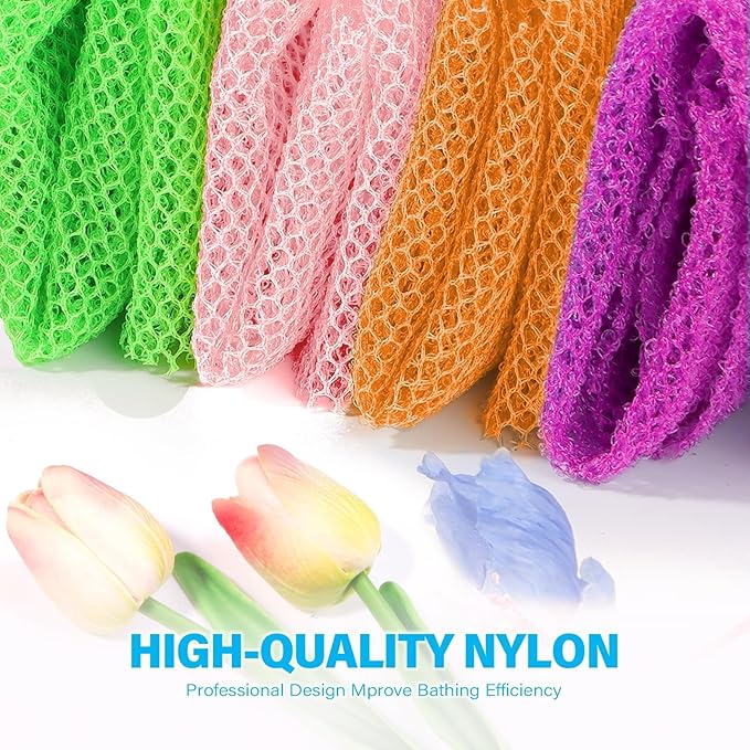 4 Pieces African Net Sponge African Net Long Net Bath Sponge Exfoliating Shower Body Scrubber Back Scrubber Skin Smoother,Great for Daily Use (Purple, Orange, Green, Pink)