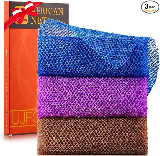 3 Pieces African Bath Sponge African Net Long Net Bath Sponge Exfoliating Shower Body Scrubber Back Scrubber Skin Smoother,Great for Daily Use (Brown, Blue, Purple)