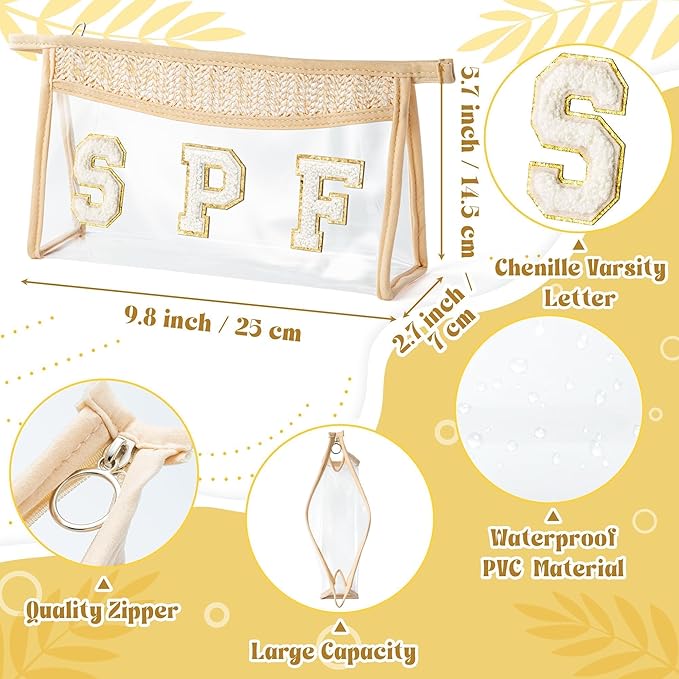 Boho Patch Cosmetic Bag - Summer Gifts SPF Chenille Varsity Letter Toiletry Kit Beige Clear Waterproof Travel Makeup Bag PVC Zipper Clutch Daily Use Purse for Women Girls
