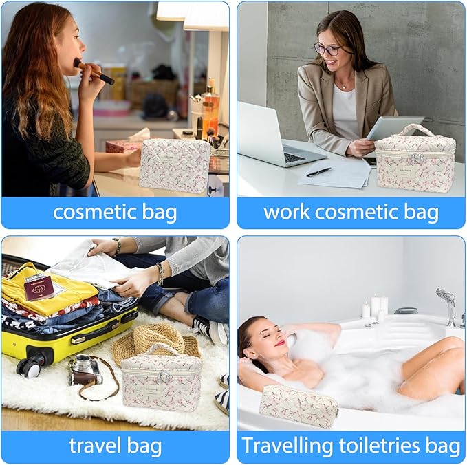 3 Piece Floral Quilted Makeup Bag, Large Capacity Travel Cosmetic Bag for Women and Girls, Aesthetic Storage for Daily and Travel Use (3pcs-peachblossom)